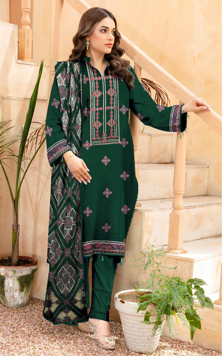 DHANAK 3 PIECE UNSTICHED FULL HEAVY EMB SUIT WITH HEAVY EMB SHAWL FOR WINTER 2025-26