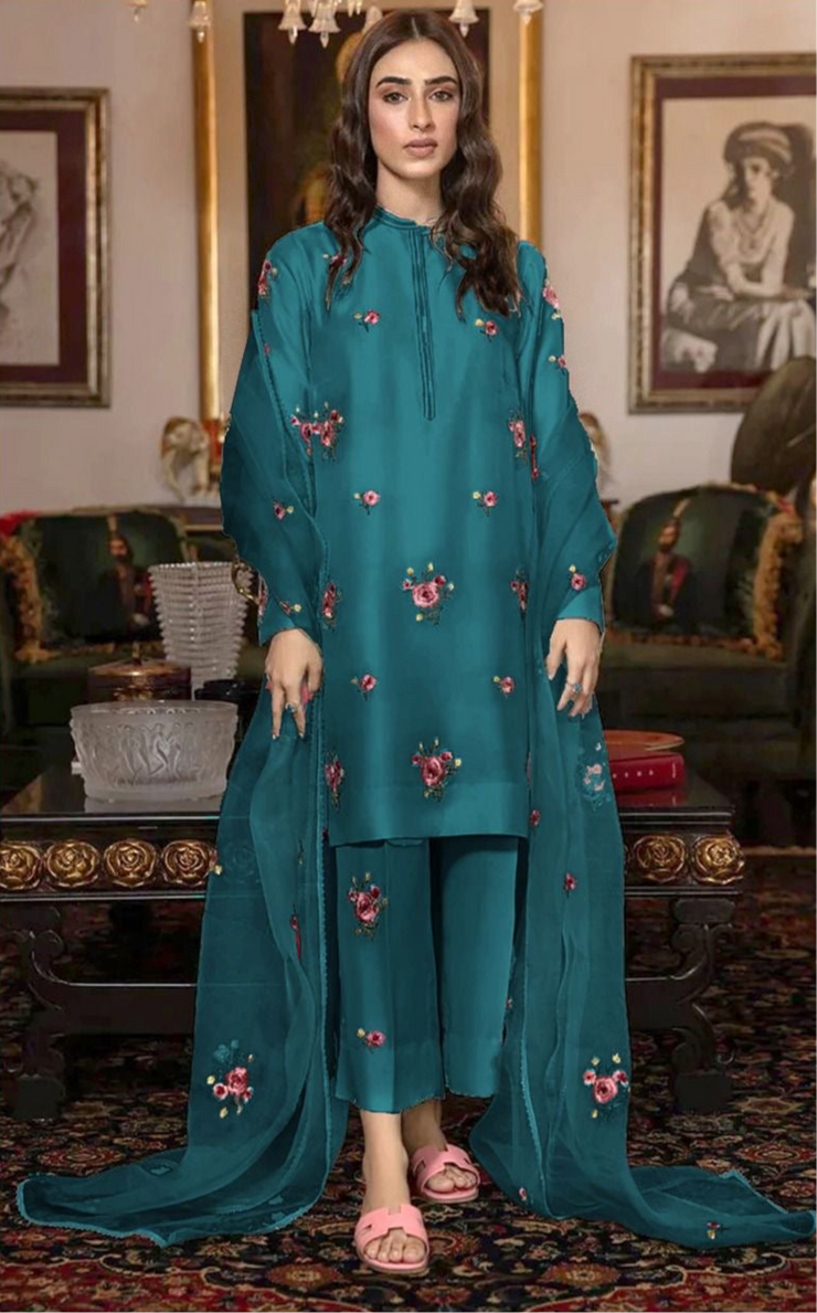 FANCY IMPORTED SHAMOOZ SILK 3 PIECE EMB UNSTICHED SUIT FOR WINTER 2025-2026 ZINC
