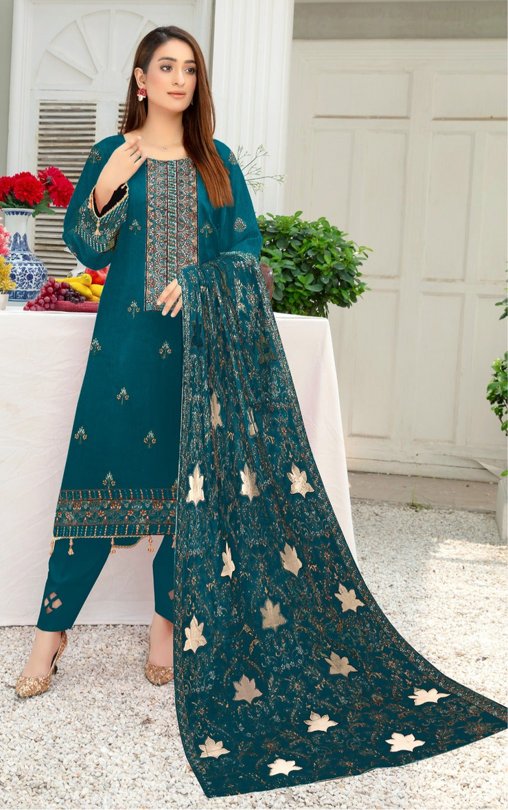 DHANAK 3 PIECE UNSTICHED FULL HEAVY EMB SUIT WITH HEAVY EMB SHAWL FOR WINTER 2025-26