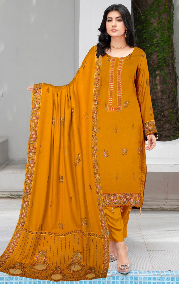 DHANAK 3 PIECE UNSTICHED FULL HEAVY EMB SUIT WITH HEAVY EMB SHAWL FOR WINTER 2025-26