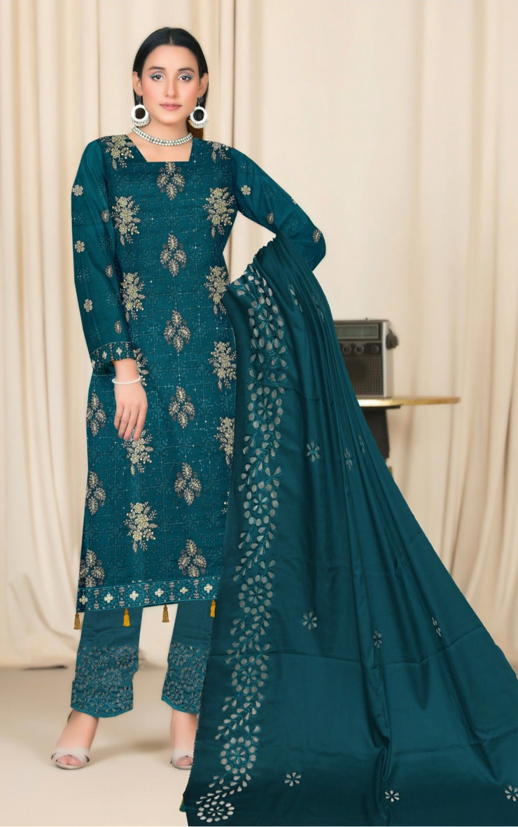 DHANAK 3 PIECE UNSTICHED FULL HEAVY EMB SUIT WITH HEAVY EMB SHAWL FOR WINTER 2025-26