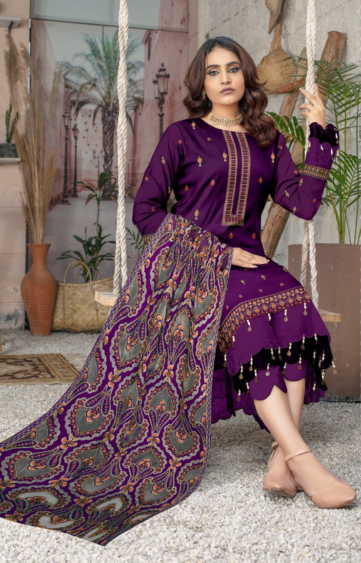 DHANAK 3 PIECE UNSTICHED FULL HEAVY EMB SUIT WITH HEAVY EMB SHAWL FOR WINTER 2025-26