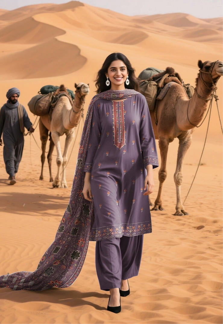 DHANAK 3 PIECE UNSTICHED FULL HEAVY EMB SUIT WITH HEAVY EMB SHAWL FOR WINTER 2025-26