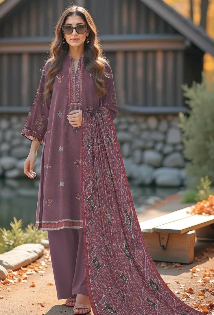 DHANAK 3 PIECE UNSTICHED FULL HEAVY EMB SUIT WITH HEAVY EMB SHAWL FOR WINTER 2025-26