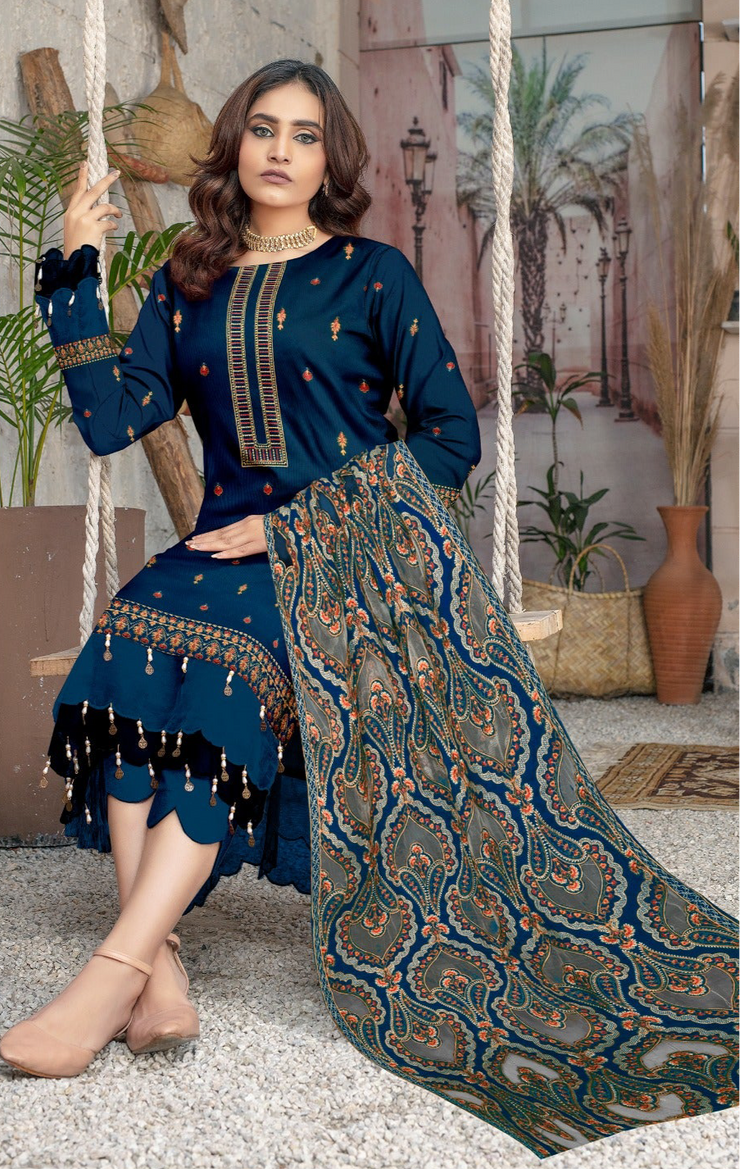 DHANAK 3 PIECE UNSTICHED FULL HEAVY EMB SUIT WITH HEAVY EMB SHAWL FOR WINTER 2025-26