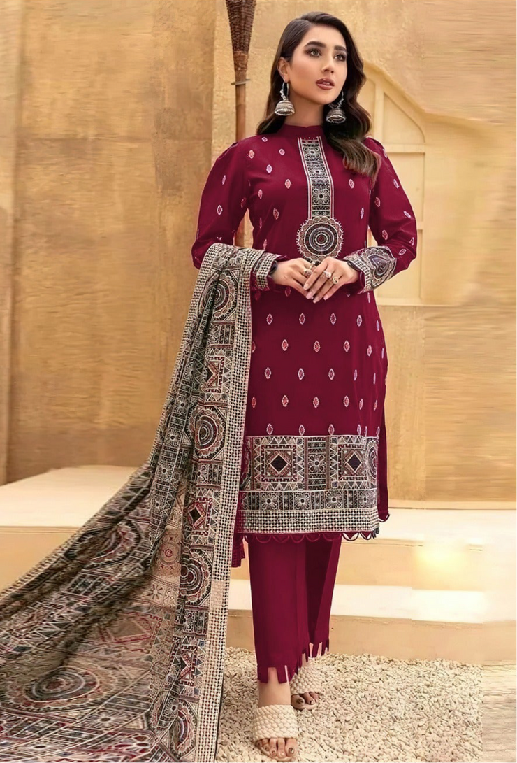 DHANAK 3 PIECE UNSTICHED FULL HEAVY EMB SUIT WITH HEAVY EMB SHAWL FOR WINTER 2025-26
