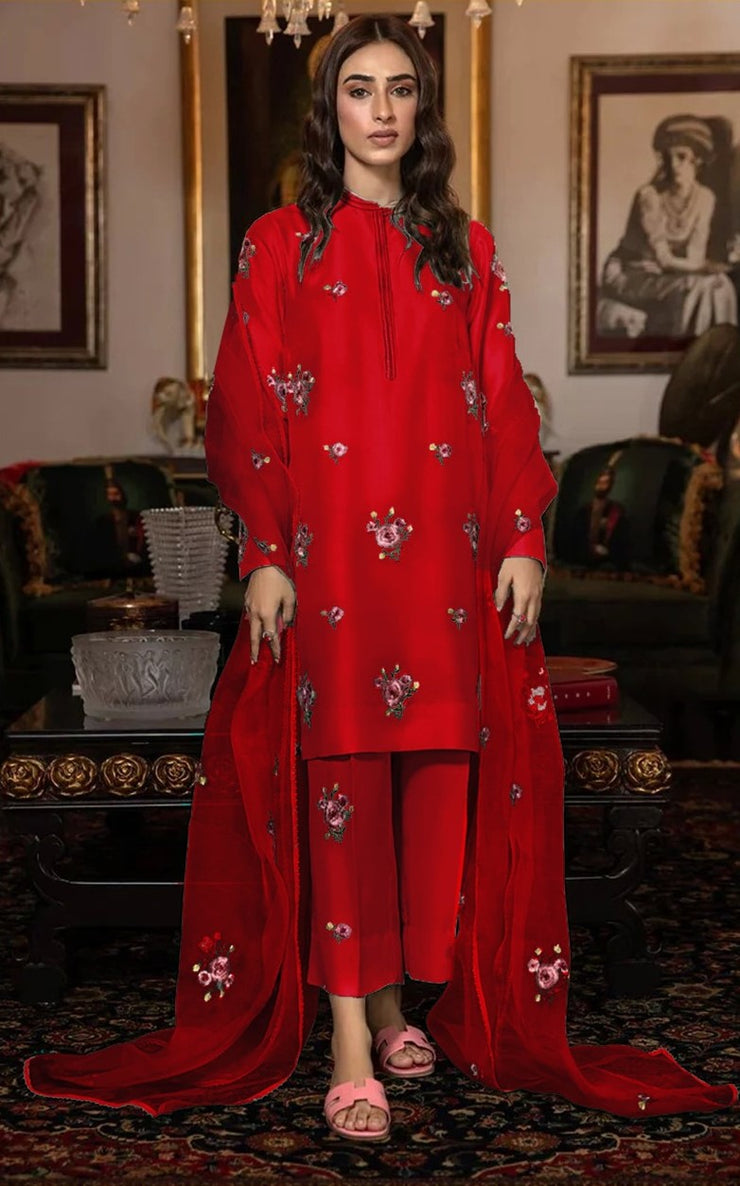 FANCY IMPORTED SHAMOOZ SILK 3 PIECE EMB UNSTICHED SUIT FOR WINTER 2025-2026 RED