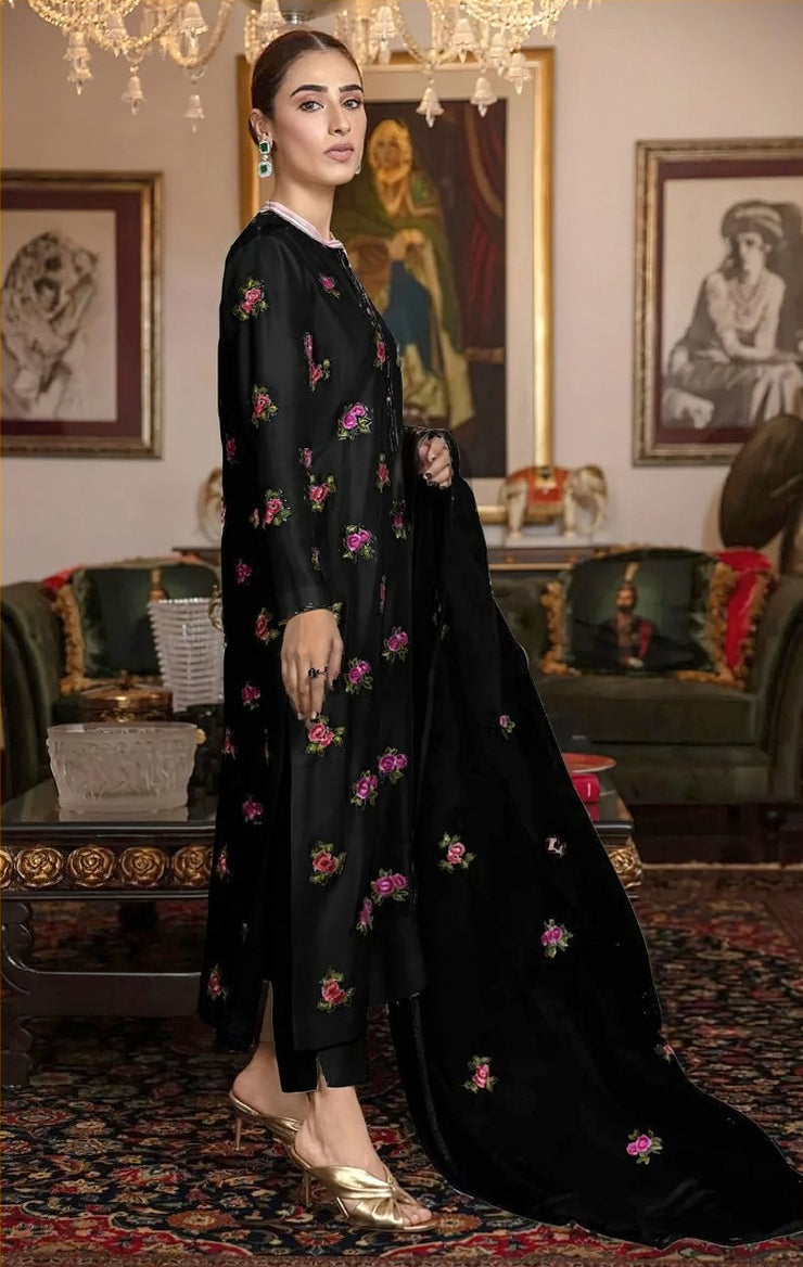 FANCY IMPORTED SHAMOOZ SILK 3 PIECE EMB UNSTICHED SUIT FOR WINTER 2025-2026 BLACK