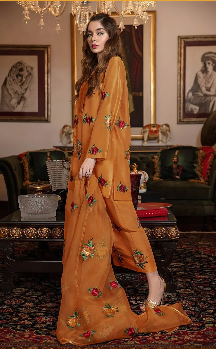 FANCY IMPORTED SHAMOOZ SILK 3 PIECE EMB UNSTICHED SUIT FOR WINTER 2025-26 ORANGE