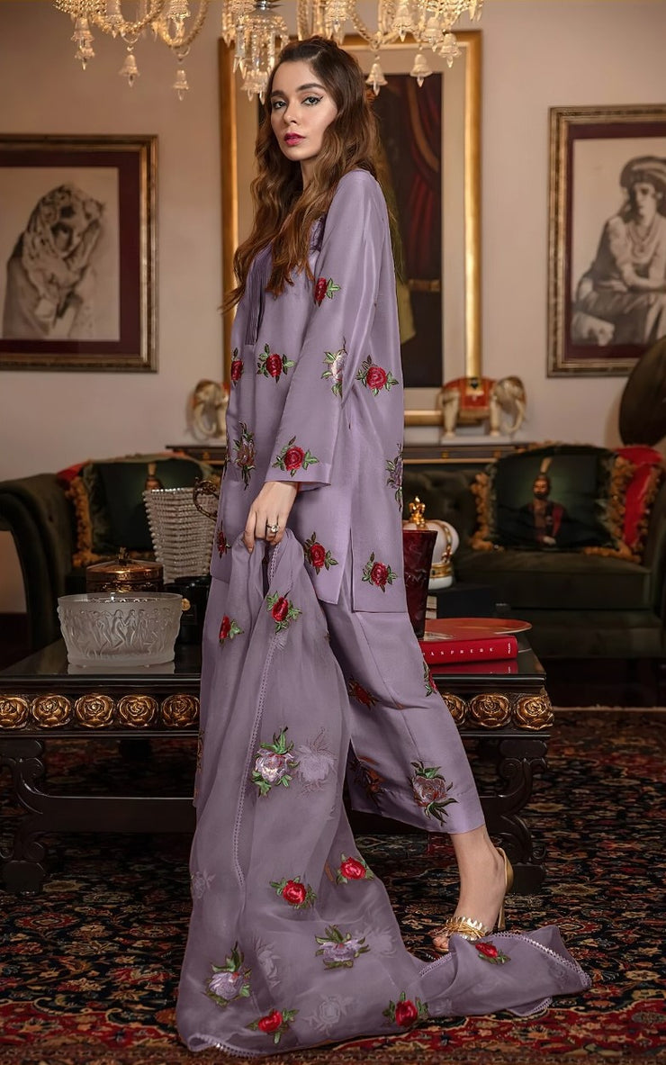 FANCY IMPORTED SHAMOOZ SILK 3 PIECE EMB UNSTICHED SUIT FOR WINTER 2025-26 LAVENDER