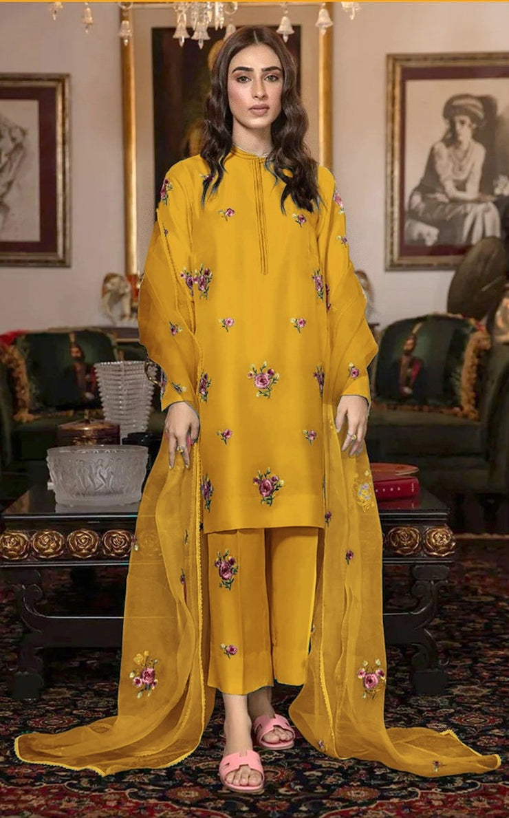 FANCY IMPORTED SHAMOOZ SILK 3 PIECE EMB UNSTICHED SUIT FOR WINTER 2025-26 MUSTURD