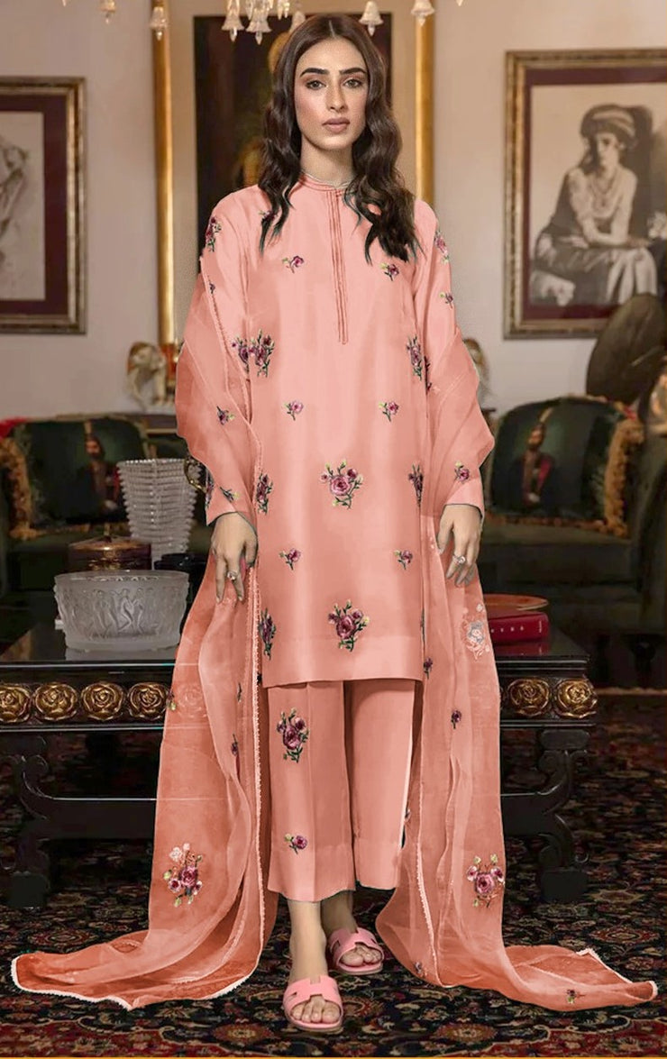 FANCY IMPORTED SHAMOOZ SILK 3 PIECE EMB UNSTICHED SUIT FOR WINTER 2025-2026 TEA PINK