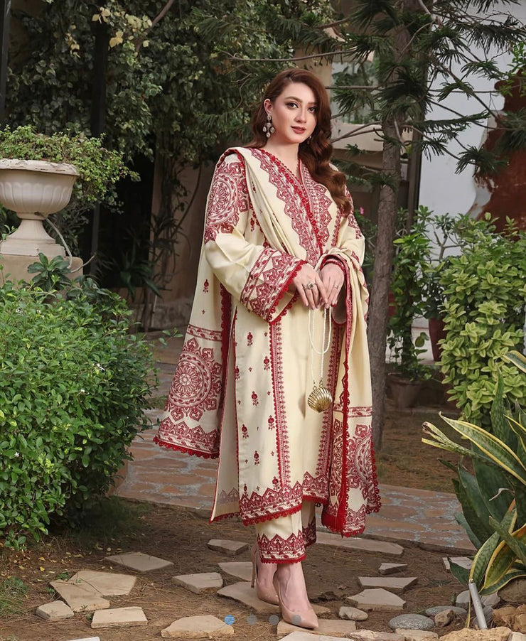 DHANAK 3 PIECE UNSTICHED FULL HEAVY EMB SUIT WITH HEAVY EMB SHAWL FOR WINTER 2025-26