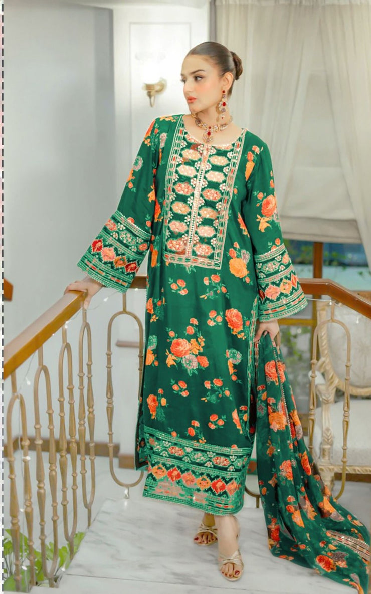 ANEELAS MOST VIRAL DESIGN | FANCY IMPORTED SHAMOOZ SILK 3 PIECE EMB UNSTICHED SUIT FOR WINTER 2025-2026 GREEN
