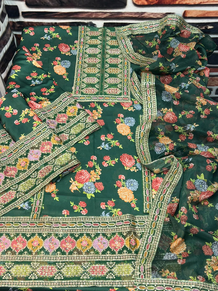 ANEELAS MOST VIRAL DESIGN | FANCY IMPORTED SHAMOOZ SILK 3 PIECE EMB UNSTICHED SUIT FOR WINTER 2025-2026 GREEN